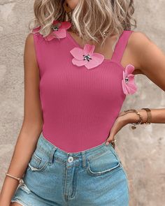 Size: S,M,L,XL;Style:Casual,ChicType:TankMaterial:97%Polyester,3%ElastaneNeckline:Asymmetrical NeckSleeve Style:SleevelessLength:RegularPattern Type:FloralDecoration:BeadedFit Type:SkinnyOccasion:DailyPackage Include:1* TopFabric Elasticity:Slight StretchSheer:NoCare Instructions:Hand wash, do not dry clean Casual Sleeveless Knit Top For Party, Casual Summer Knit Top For Party, Spring Party Knit Top, Chic Spring Knit Top With Asymmetrical Neckline, Casual Tank Top With Asymmetrical Neckline For Spring, Casual V-neck Knit Top For Party, Chic Asymmetrical Neckline Knit Top For Spring, Pink Tops With Asymmetrical Neckline, One Shoulder Tank