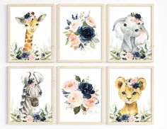 four framed pictures with animals and flowers on them