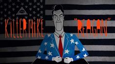 a man in a suit and tie standing next to an american flag with the words killer mike reagan on it