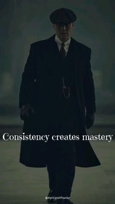 a man in a suit and hat walking down a street with the words constiency creates mystery