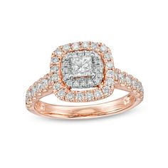 A dazzling look, this diamond engagement ring is a stunning reminder of your love. Fashioned in 14K rose gold, this choice showcases a 1/3 ct. princess-cut diamond wrapped in a double cushion-shaped frame of diamonds. Additional diamonds line the shank for a thoroughly sparkling design. Radiant with 1 ct. t.w. of diamonds and a brilliant buffed luster, this engagement ring suits her classic and glamorous style. Rose Gold Halo Ring With Vvs Clarity For Promise, Rose Gold Princess Cut Diamond Ring For Anniversary, Princess Cut Diamond Ring In Rose Gold, Dazzling Rose Gold Diamond Ring With Halo Design, Rose Gold Diamond Halo Ring With Brilliant Cut, Dazzling Rose Gold Diamond Halo Ring, Rose Gold Diamond Halo Wedding Ring, Rose Gold Halo Ring With Diamond Accents For Promise, Rose Gold Diamond Ring With Halo Design