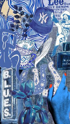 a collage of blue and white images with hand pointing at the bottle in front