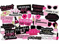 pink and black stickers with words on them