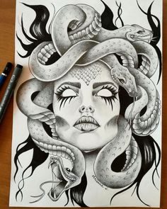 a drawing of a woman with snakes on her head