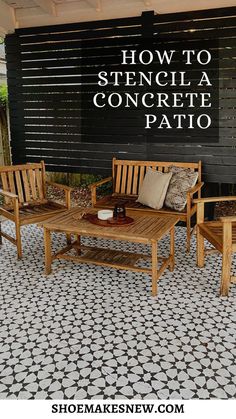 DIY black and white concrete patio stencil Porch Transformation, Concrete Stain Patio, Stencils Painting, Cement Patio