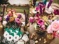 a table topped with cakes and flowers on top of a wooden table covered in plates