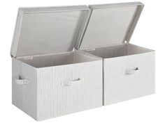 two white storage boxes with handles on each side