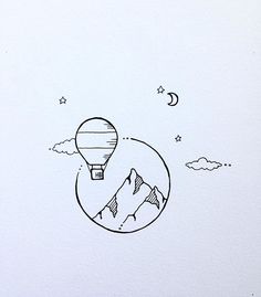 a drawing of a hot air balloon in the sky with mountains and stars around it