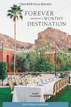 an image of a table set up in front of mountains and palm trees for a wedding reception