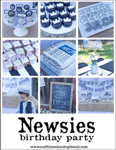 a collage of photos with newsies birthday party decorations and desserts on it