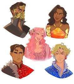 the four main characters from disney's princess aurora and prince aurora, with different hair colors