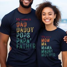 This daddy shirt is a perfect dad gift and new father gift, while the mom shirt is an ideal for your favorite Mother or Madra gift, making both great choices for a baby shower or baby announcement shirt. Would you like to surprise the new Uncle or Auntie?  https://onyourwaytoday.etsy.com/listing/1716104745/uncle-gift-shirt-tio-shirt-aunt-gift 🙌 Super Soft unisex cotton shirts. T-shirts have ribbed knit collars to bolster shaping. The shoulders are tapered for a better fit over time. Dual side s Personalized Family Matching T-shirt For Father's Day, Family Matching T-shirt With Name Print For Father's Day, Family Matching Name Print T-shirt For Father's Day, Father's Day Family Matching T-shirt With Funny Text, Blue T-shirt For Father's Day Gender Reveal, Blue T-shirt For Gender Reveal On Father's Day, Blue T-shirt For Father's Day Gift, New Father Gift, Baby Announcement Shirt