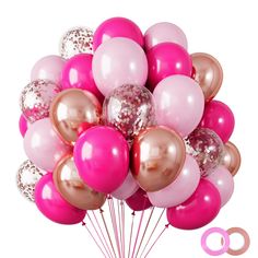 a bunch of pink and gold balloons are in the shape of a bouquet on a stick