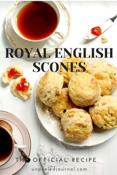 the cover of royal english scones is shown next to a cup of tea and saucer