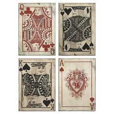 four playing cards with different designs on them