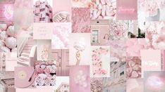 a collage of pink and white images