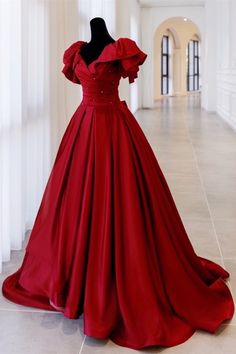 Red Ball Gown with Bell Sleeves and Lace UP Back Modest Ball Gown, Prom Desses, Satin Long Prom Dress, Prom Dress Burgundy, Burgundy Evening Dress, Red Ball Gown, Burgundy Prom, Evening Dress Long, Prom Dresses Elegant