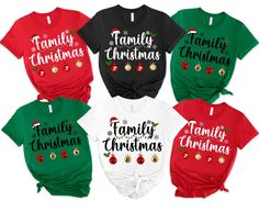 the family christmas shirts are all different colors