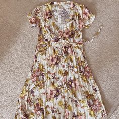 Nwt. Gorgeous, Boho-Chic Wrap Dress From Anthropologie. Beautiful Vintage Florals In Marigold And Mauve. Bought For A Bridal Shower But Never Ended Up Wearing! Size: L Petite A-line Cream Midi Dress With Floral Print, Cream Mid-length Dress For Brunch, Cream Floral Print Knee-length Dress, Fitted Beige Floral V-neck Dress, Beige Floral Print Mid-length Dress, Beige Mid-length Floral Print Dress, Spring Cream Mid-length Dresses, Cream Mid-length Spring Dresses, Spring Mid-length Cream Dresses