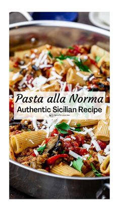 pasta alla norma authentic sicilian recipe in a skillet with the title overlay