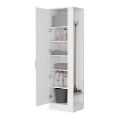 a white cabinet with two shelves and one door open to reveal the bathroom items inside