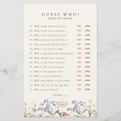 the guess game for brides is shown in pink and white with flowers on it