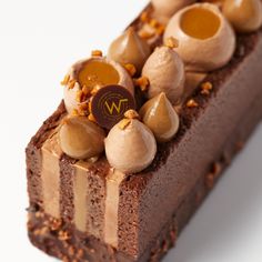 a piece of chocolate cake with nuts on top