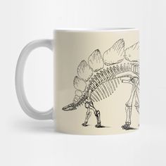 a coffee mug with an image of a dinosaur skeleton and two people walking by it