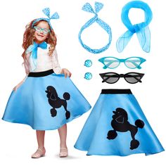 PRICES MAY VARY. Comprehensive Accessory Package: celebrate convenience with a 50s accessories for girls set that includes a poodle skirt, 2 pairs of glasses, a scarf, a headband, and a pair of ear clips; These items provide what your girl needs to create a memorable 50s inspired outfit Classic 50s Theme: bring back the charm with this 1950s outfits for girls set; The timelessly stylish skirt with poodle patterns, the cat eye shaped sunglasses are ideal standout pieces that steal the show, showi Kids 50s Costume, 50s Day At School, 50s Inspired Outfits, Girls Poodle Skirt, 50s Accessories, 50s Theme, 50s Costume, School Costume, Accessories Outfit