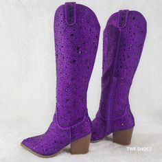 Stunning Country Western Knee Boots By Yours Forever Super Sparkle Purple Rhinestone Boots Western Cut Heels Half Side Zipper For Easy Usage Top Finger Pulls To Help Slip Them On. Top Opening Approx. 14" On Size 7 And Will Go Up As Sizes Do. Brilliant Coloring Definite Head Turners Brand New In Box Trendy Silver Boots With Bling, Spring Silver Boots With Rhinestones, Silver Rhinestone Boots For Spring, Cowgirl Chaps, Rhinestone Boots, Stuart Weitzman 5050, Disco Cowgirl, Sequin Boots, Black Suede Ankle Boots