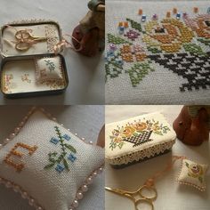 four different pictures of needle - embroidered items including scissors, ring boxes and other things