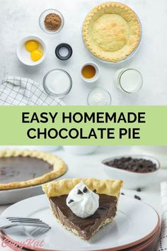 an easy homemade chocolate pie with whipped cream on top and other desserts around it