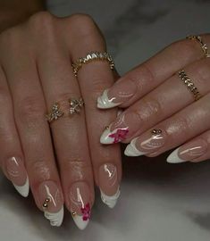 Gel Nail Set, Medium Almond, French Nail Designs, Almond Nail, White French, 3d Nail Art, Long Acrylic Nails, 3d Nails, Flower Nails