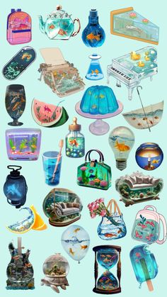 an image of many different items on a blue background, including vases and other objects