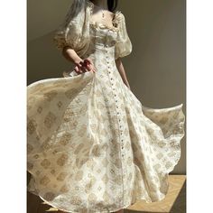 A long dress with a gorgeous curvaceous, swirly pattern with plant motifs. The ruffles on the neckline and fluffy puff sleeves give it a feminine look. The decorated buttons on the front make it stand out. Create an elegant and sophisticated atmosphere. 
 
 
 Size 
 
 
 XS size 
 
 Length: 117cm 
 Shoulder width: 31cm 
 Bust: 79cm 
 Waist: 68cm 
 Sleeve length: 36.5cm 
 
 S size 
 
 Length: 118cm 
 Shoulder width: 32cm 
 Bust: 83cm 
 Waist: 72cm 
 Sleeve length: 37cm 
 
 M size 
 
 Length: 119cm Fitted Ruffled Vintage Dress For Banquet, Fitted Baroque Party Dresses, Elegant Beige Victorian Dress With Ruffles, Elegant Fitted Baroque Dress, Fitted Beige Maxi Dress With Ruffles, Elegant Floor-length Victorian Dress, Elegant Puff Sleeve A-line Dress With Ruffles, Elegant Billowy Puff Sleeve Dress, Elegant Fitted Victorian Dress In Baroque Style