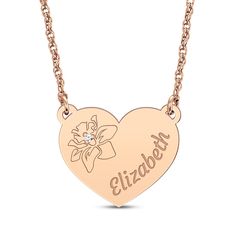 Share a special sentiment with the sweet look of this personalized heart necklace. Crafted in 14K rose gold The heart-shaped pendant displays the name you choose A round diamond accent sparkles amidst the selected flower engraving The pendant suspends centered along an adjustable 18-inch rope chain that secures with a spring ring clasp Engraved Flower Pendant Jewelry For Valentine's Day, Personalized Rose Gold Flower-shaped Jewelry, Valentine's Day Engraved Flower Pendant Jewelry, Customizable Rose Gold Necklaces For Valentine's Day, Customizable Rose Gold Necklace For Valentine's Day, Personalized Rose Gold Name Necklace With Heart Pendant, Rose Gold Name Necklace For Mother's Day Anniversary, Rose Gold Name Engraved Heart Pendant Jewelry, Rose Gold Heart Pendant With Name