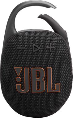 the jbl portable bluetooth speaker is black with an orange logo on it's side