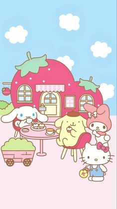 an image of hello kitty and her friends outside their house in the day time scene