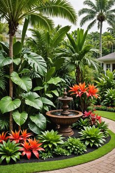 an outdoor fountain surrounded by tropical plants and trees