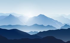 the sun shines brightly over mountains in this blue and white landscape illustration, which is silhouetted against a hazy sky