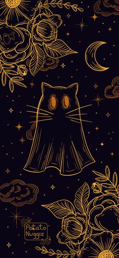 Celestial-themed cat ghost with flowers, clouds, stars and moon Ghost Face Phone Wallpaper, Cat Halloween Wallpaper Iphone, Celestial Halloween Wallpaper, Fall Black Cat Wallpaper, Cute Ghost Phone Wallpaper, Art Phone Backgrounds, Cute Ghost Background, Cute Spooky Season Wallpaper, Witchy Iphone Background