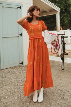 Folklore Dress Fall Orange Dress, Folklore Dress, Ivy City Co, Taylor Swift Inspired, White Bridal Dresses, Orange Chiffon, City Woman, White Dress Party, Gold Embroidery