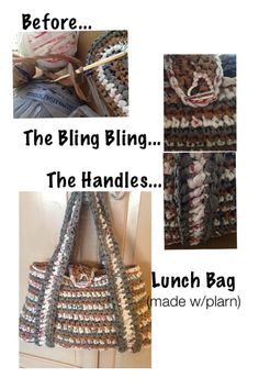 three pictures showing different purses and the words, the bling bling the handles lunch bag made w / pllarn