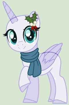 a pony with blue eyes and a scarf around it's neck, wearing a holly berry on its head