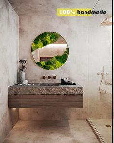 a bathroom with a sink, mirror and bathtub in the corner next to it