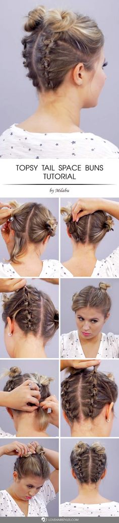 Hairstyles Using Topsy Tail Tool, Topsy Tail Hairstyles Short Hair, Topsy Tail Hairstyles For Kids, Space Bun Hairstyles, Cute Hacks, Space Bun