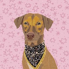 a brown dog wearing a bandana on top of a pink background with stars and dots