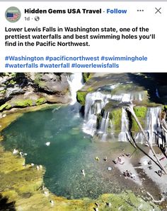 an image of a waterfall in the water with people swimming and standing around it on facebook