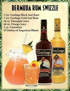 an advertisement for the bermudi rum swizzlee cocktail, featuring two bottles and