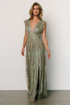 Arlene Shimmer Gown | Sage + Gold - Baltic Born Wedding Attire For Women, Floral Bridesmaid Dresses, Fall Bridesmaid Dresses, Mother Of The Bride Dresses Long, Sage Green Dress, Sage Dress, Embellished Maxi Dress, Baltic Born, Mother Of Groom Dresses